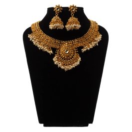 Golden/White Faux Moti Drop Necklace And Earrings Set With Adjustable Strap