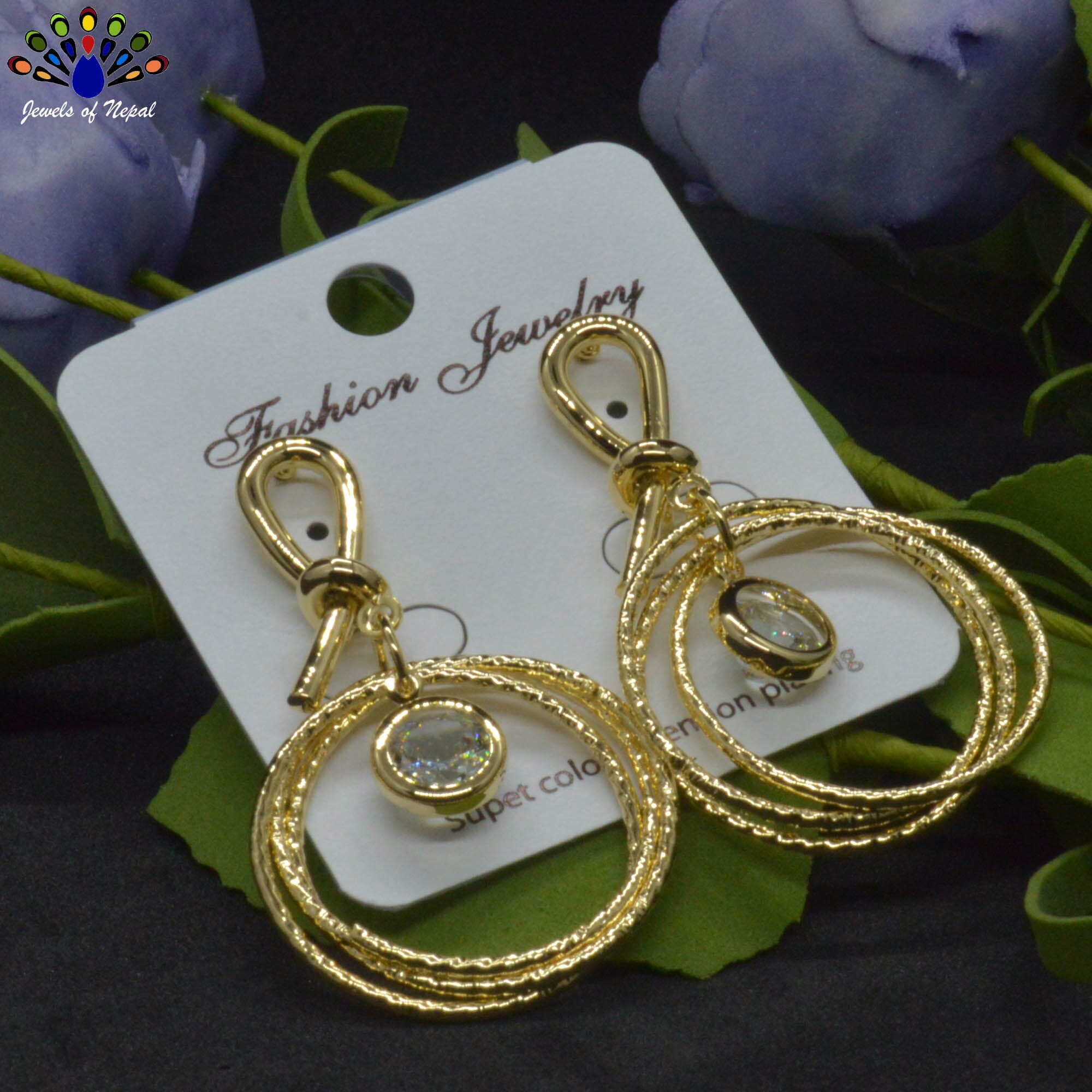 Gold Toned Stone Drop Circular Earrings - Image 2