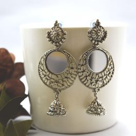 Round Shaped Mirror Adorned Silver Toned Pinjada Drop Dangle Earrings For Women