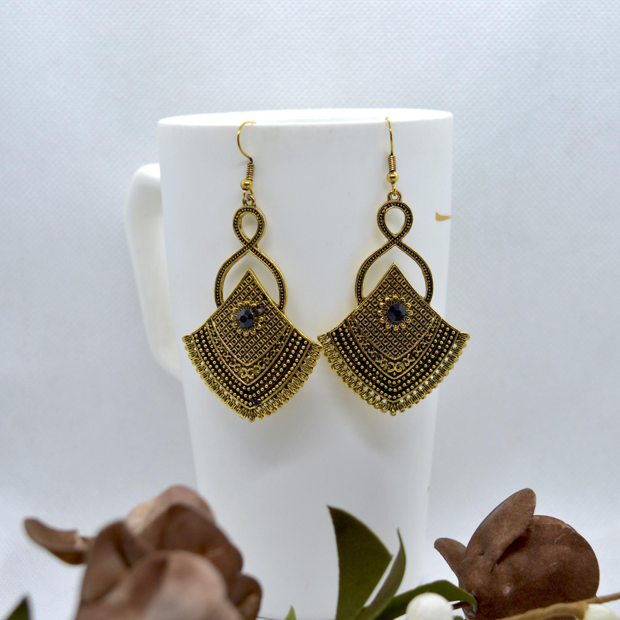 Golden/Black Self Patterned Long Drop Earrings For Women-Jewels Of Nepal - Image 2