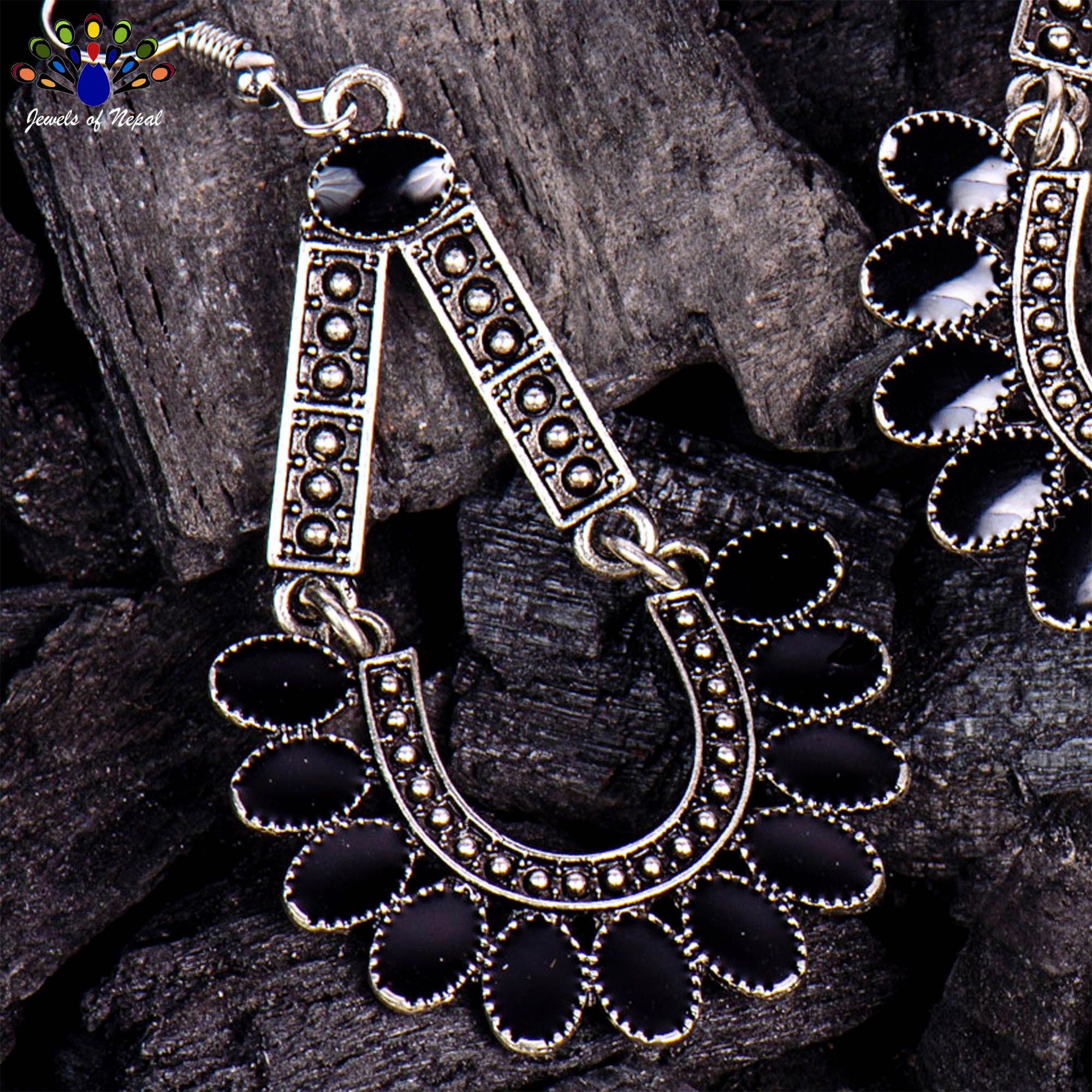 Silver/Black Dot Textured Stylish Drop Earrings For Women - Image 2