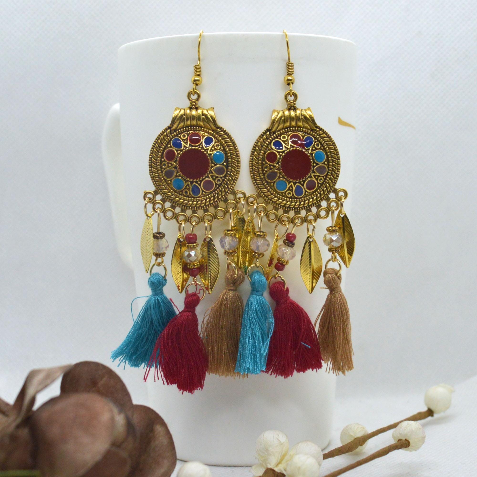 Bohemian Style Leaf Drop Tassel Earrings For Women - Image 2