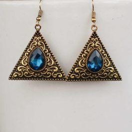 Gold/Blue Stone Enclosed Triangle Drop Earrings