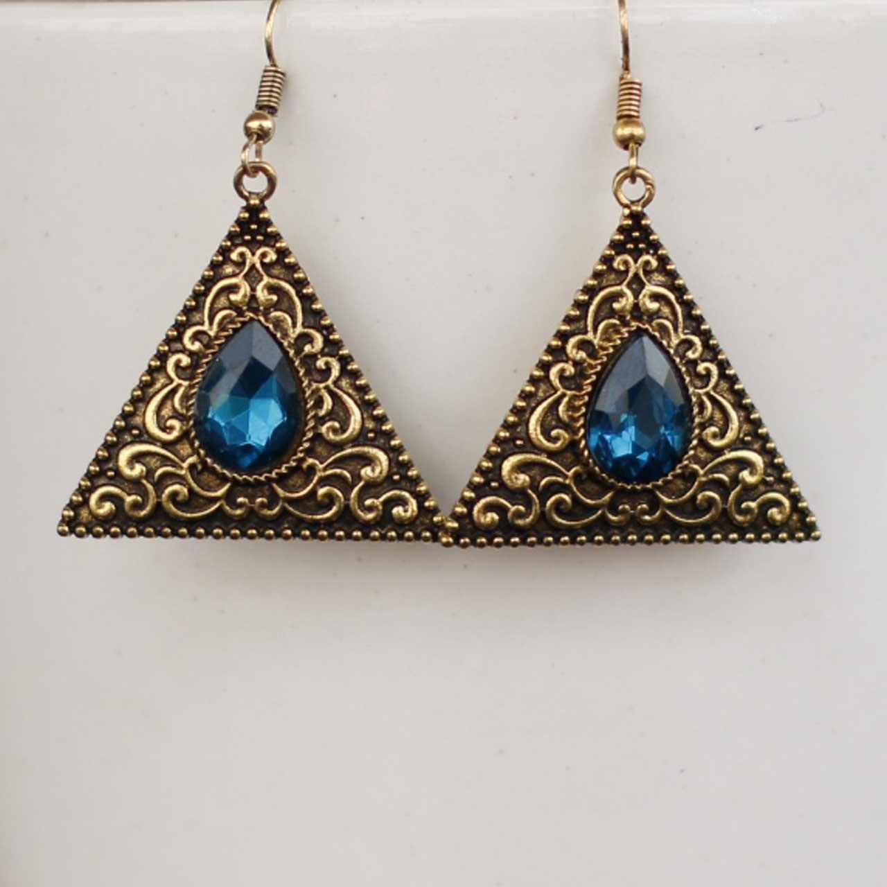Gold/Blue Stone Enclosed Triangle Drop Earrings