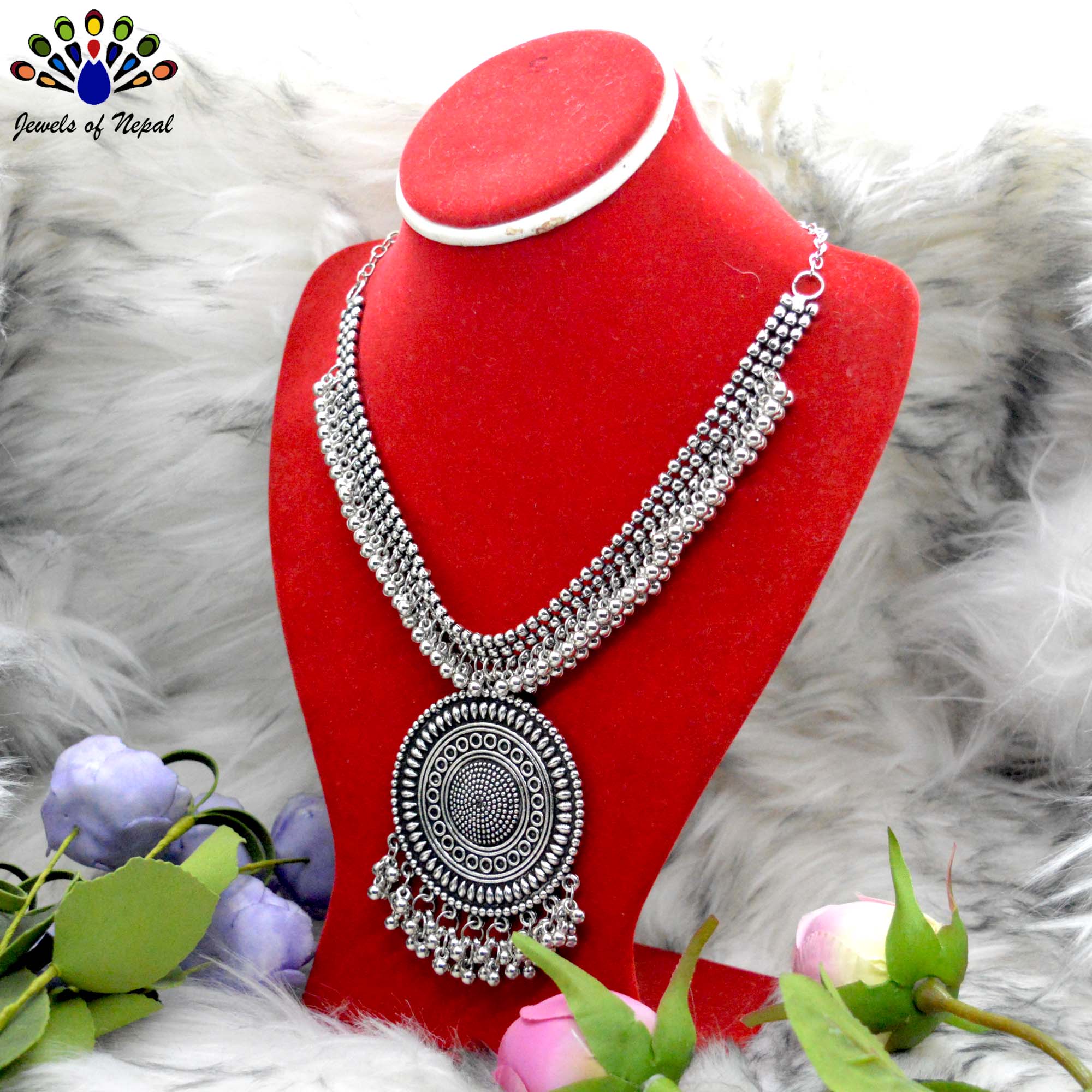 Oxidized Toned Balls Beaded Dot Patterned Round Pendant Statement Necklace by Jewels of Nepal - Image 2