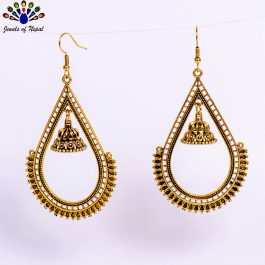 Antique Gold Toned Cut Patterned Pinjada Drop Earrings- Jewels Of Nepal