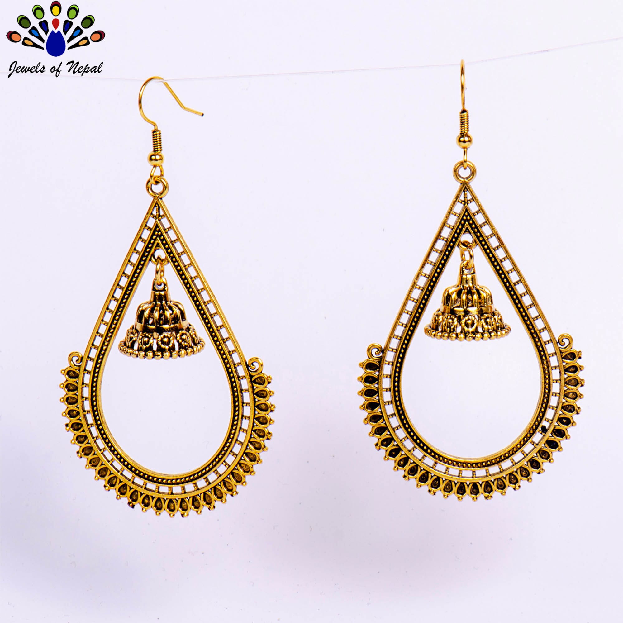 Antique Gold Toned Cut Patterned Pinjada Drop Earrings- Jewels Of Nepal