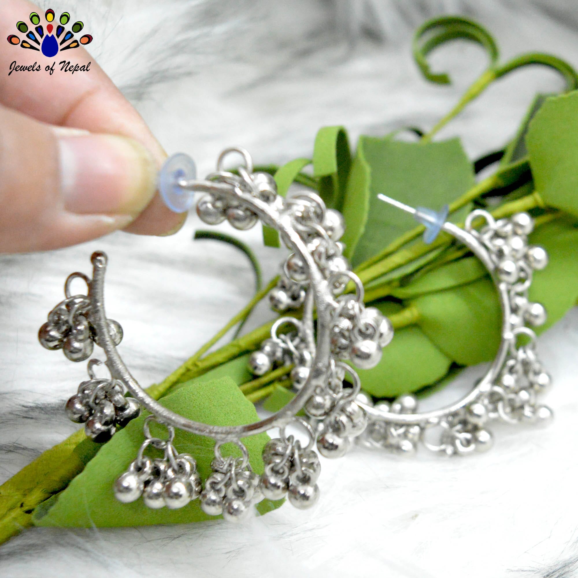 Silver Toned Ball Drop Circular Earrings by Jewels of Nepal