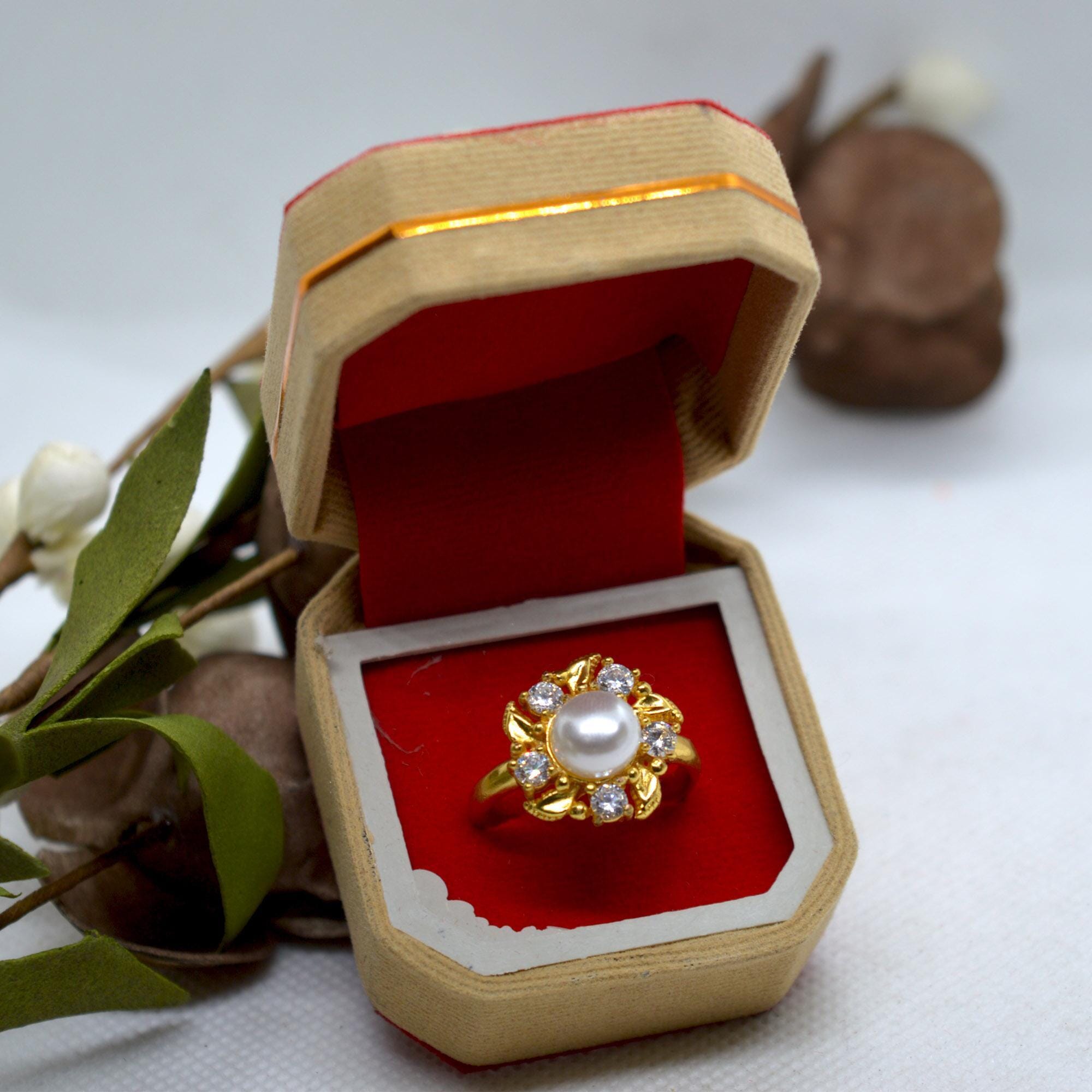 Faux Moti & Stones Adorned Gold Plated Finger Ring For Women