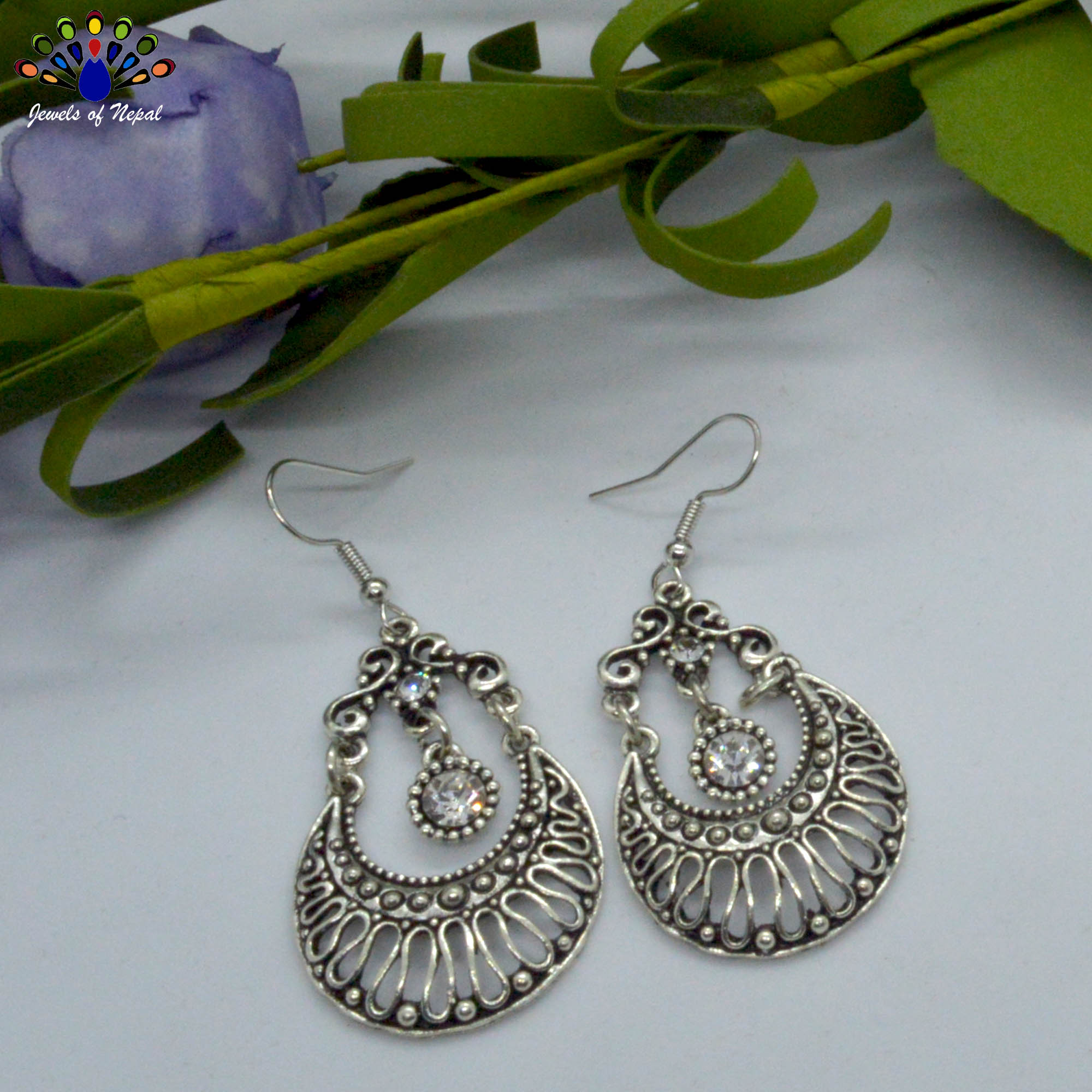 Oxidized Silver Toned Cut Patterned Moon Design Drop Earrings - Image 2