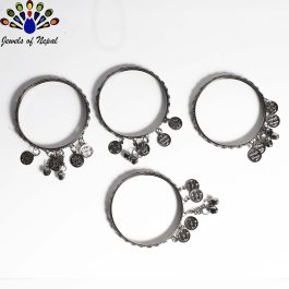 Coin Tasseled Metal Bangles Set For Women- Set of 4 pcs- Gunmetal Black Color