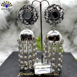 Silver Mirror Top Faux Moti Chandelier Pinjada Earrings by Jewels of Nepal