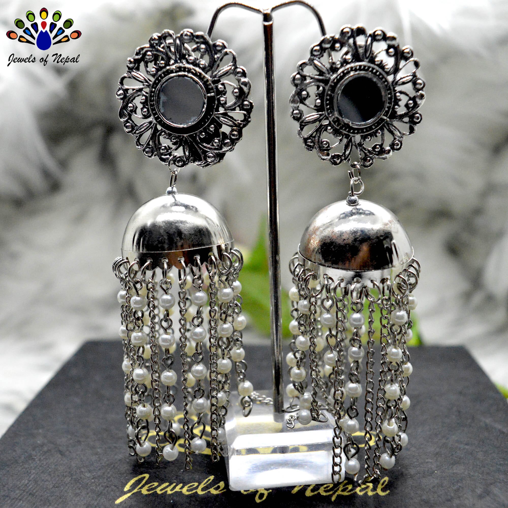 Silver Mirror Top Faux Moti Chandelier Pinjada Earrings by Jewels of Nepal