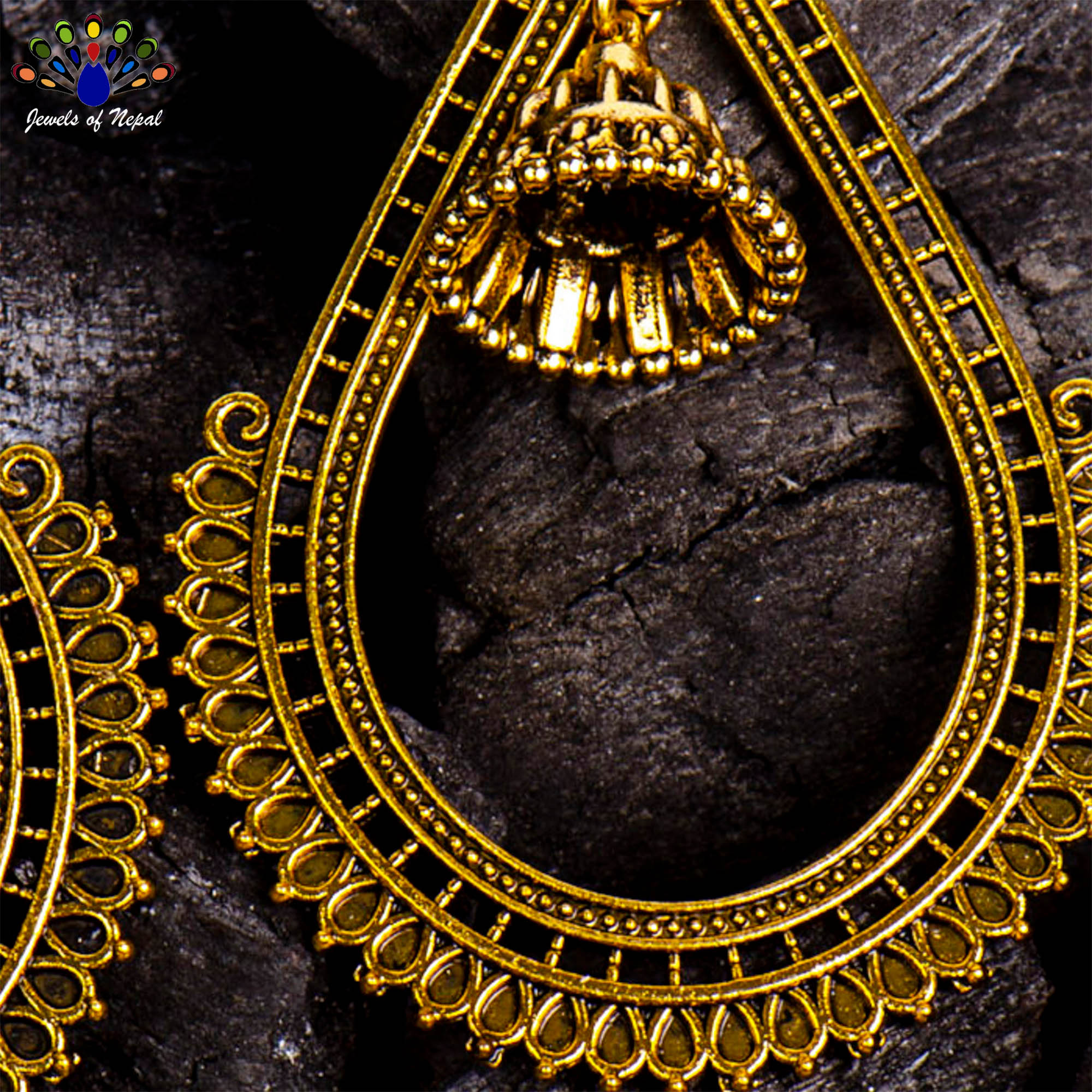 Antique Gold Toned Cut Patterned Pinjada Drop Earrings- Jewels Of Nepal - Image 2