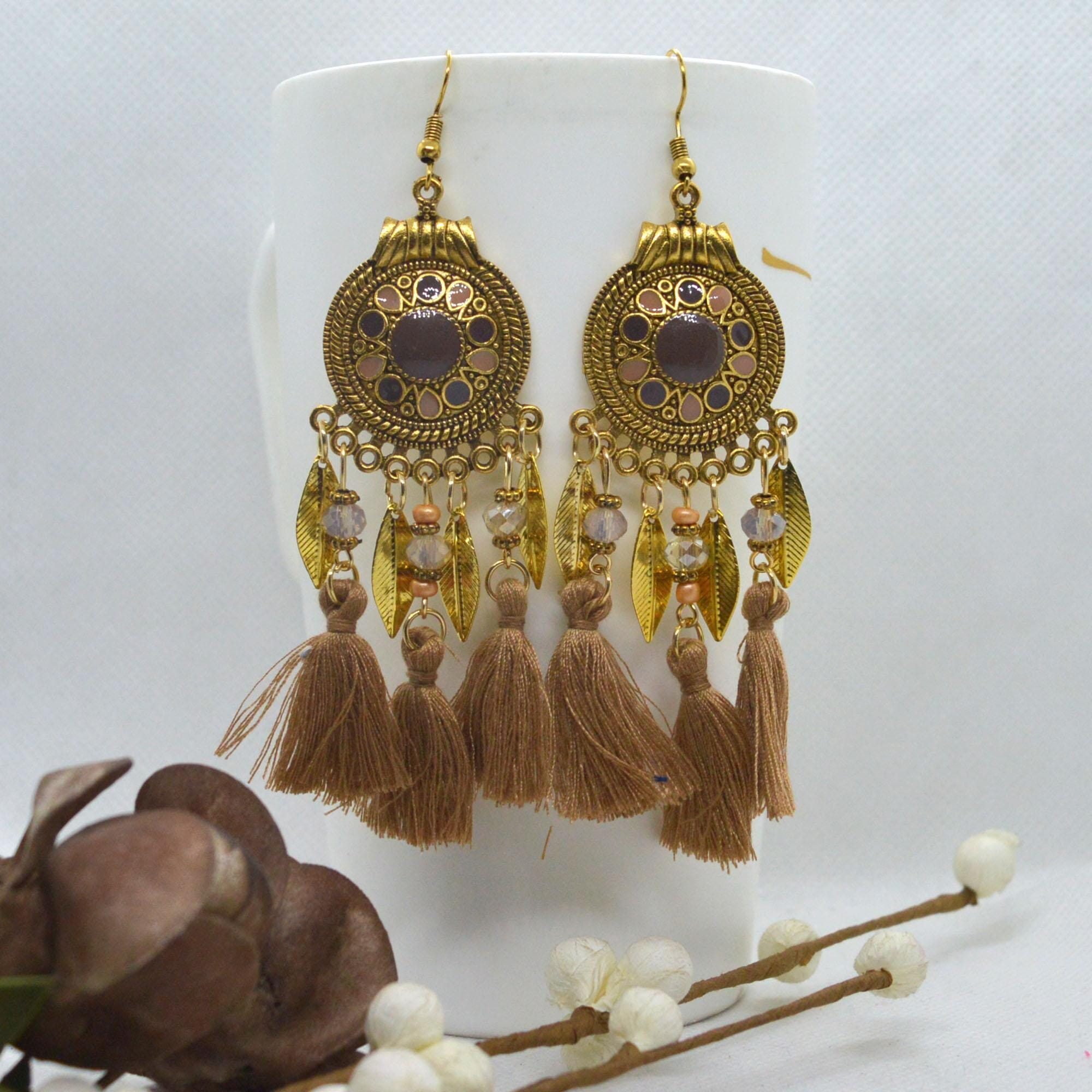 Bohemian Style Leaf Drop Tassel Earrings For Women