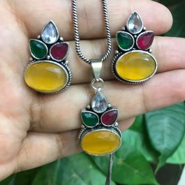 Jewels Of Nepal Oxidized Multicolored Chain Pendant & Earrings Set