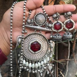 Jewels Of Nepal Oxidized Long Necklace & Earrings Set For Women