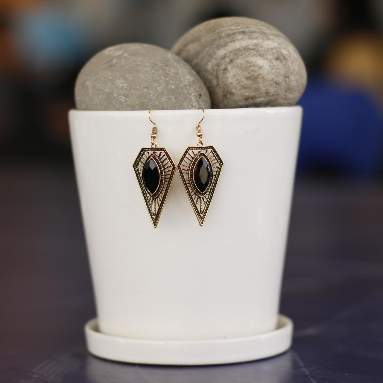 Gold/Black Stoned Diamond Shaped Patterned Earrings For Women - Image 2