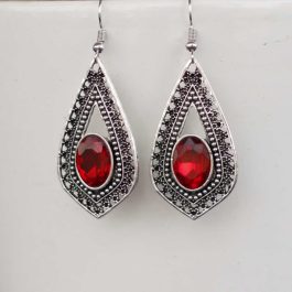 Silver/Red Stoned Textured Drop Earrings For Women