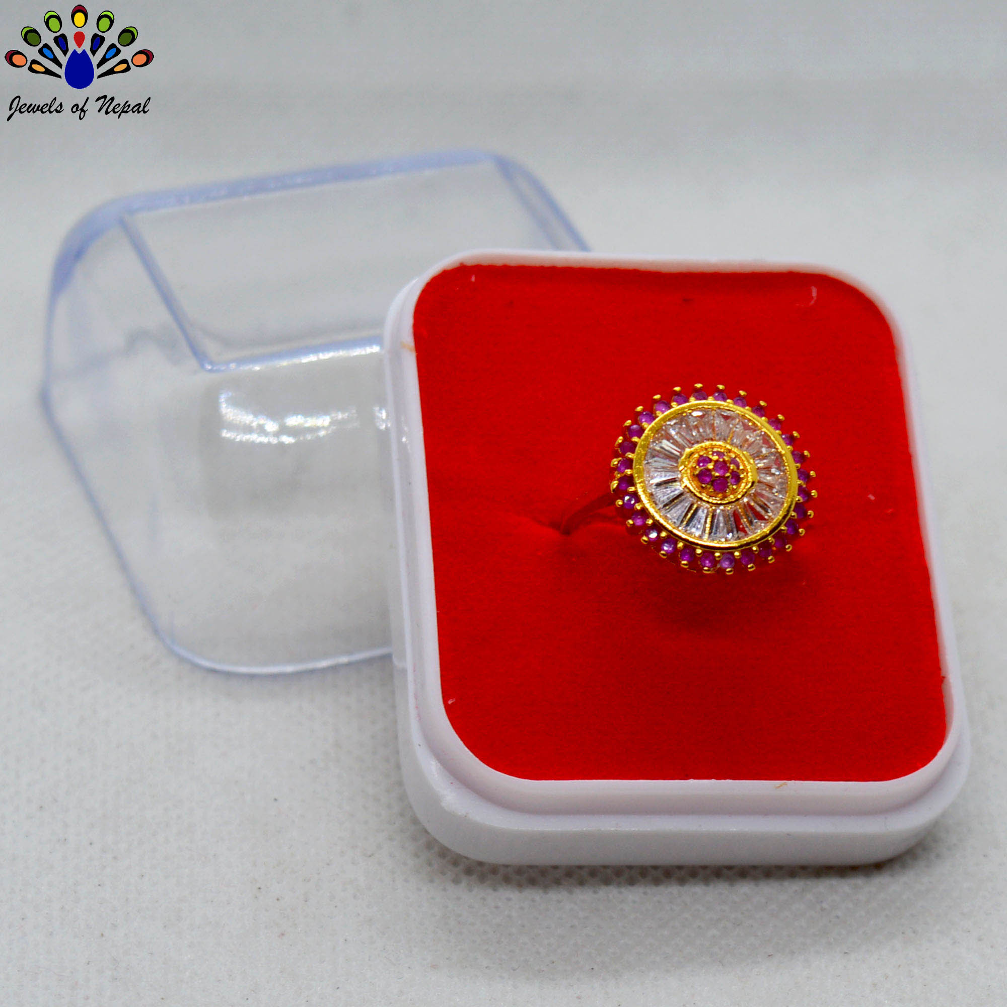Gold Plated White/Red American Diamond Stone Studded Finger Ring For Women - Image 2