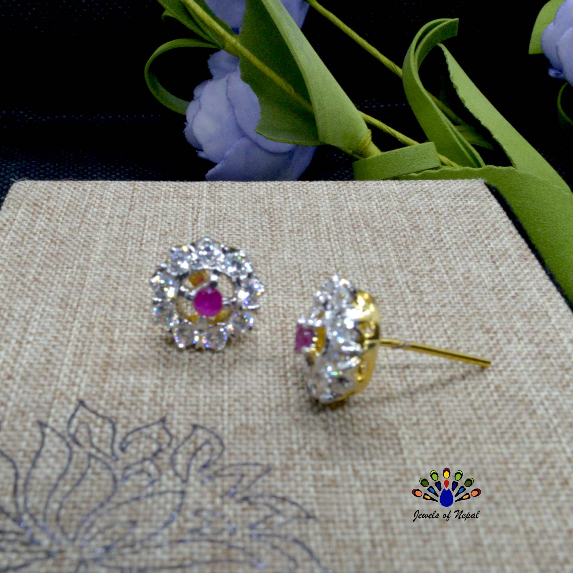 American Diamond Stone Embellished Thaka Style Ear Studs For Women - Image 2