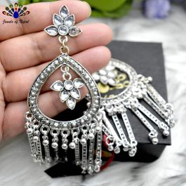 Silver Toned Drop Design Tasseled Earrings - Jewels of Nepal