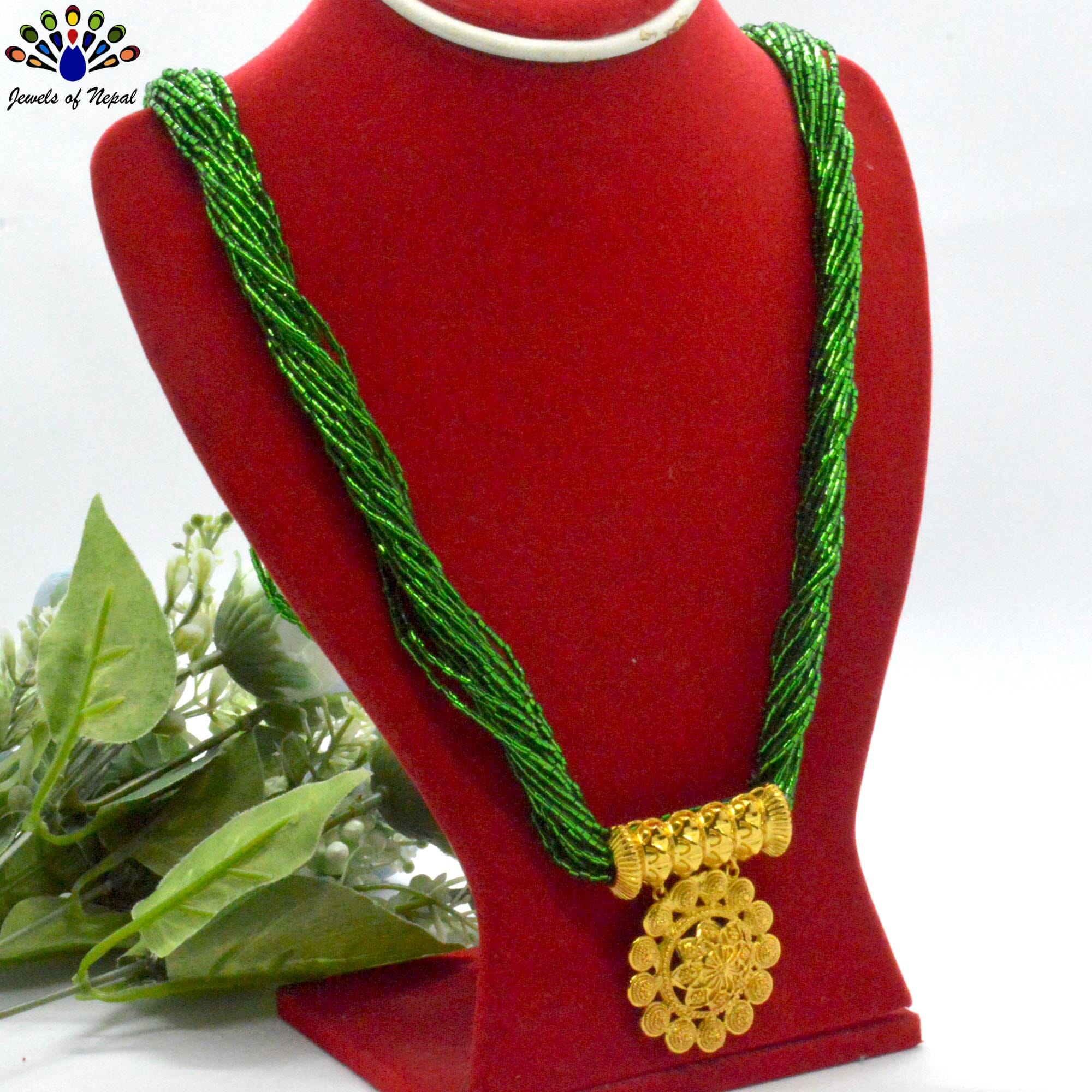 24K Gold Plated/ Green Long Potey Beaded Mangalsutra For Women