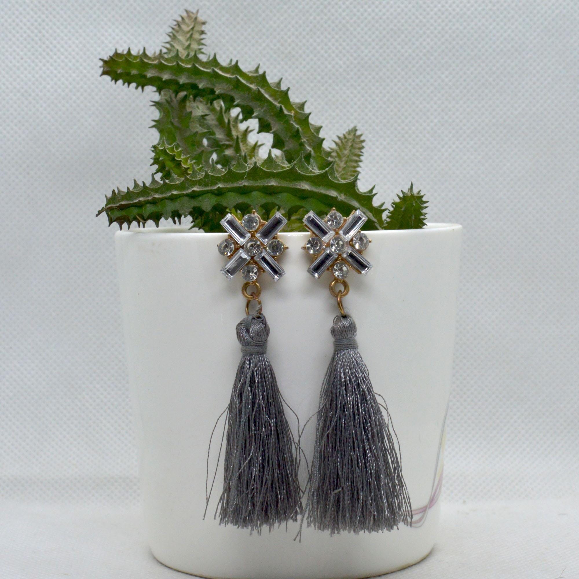 Stone Studded Tassel Drop Earrings For Women - Image 5
