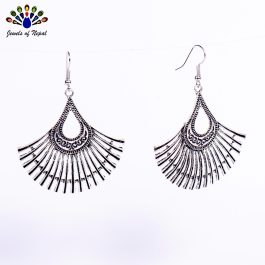 Jewels Of Nepal- Silver Fan Patterned Dangling Earrings For Women