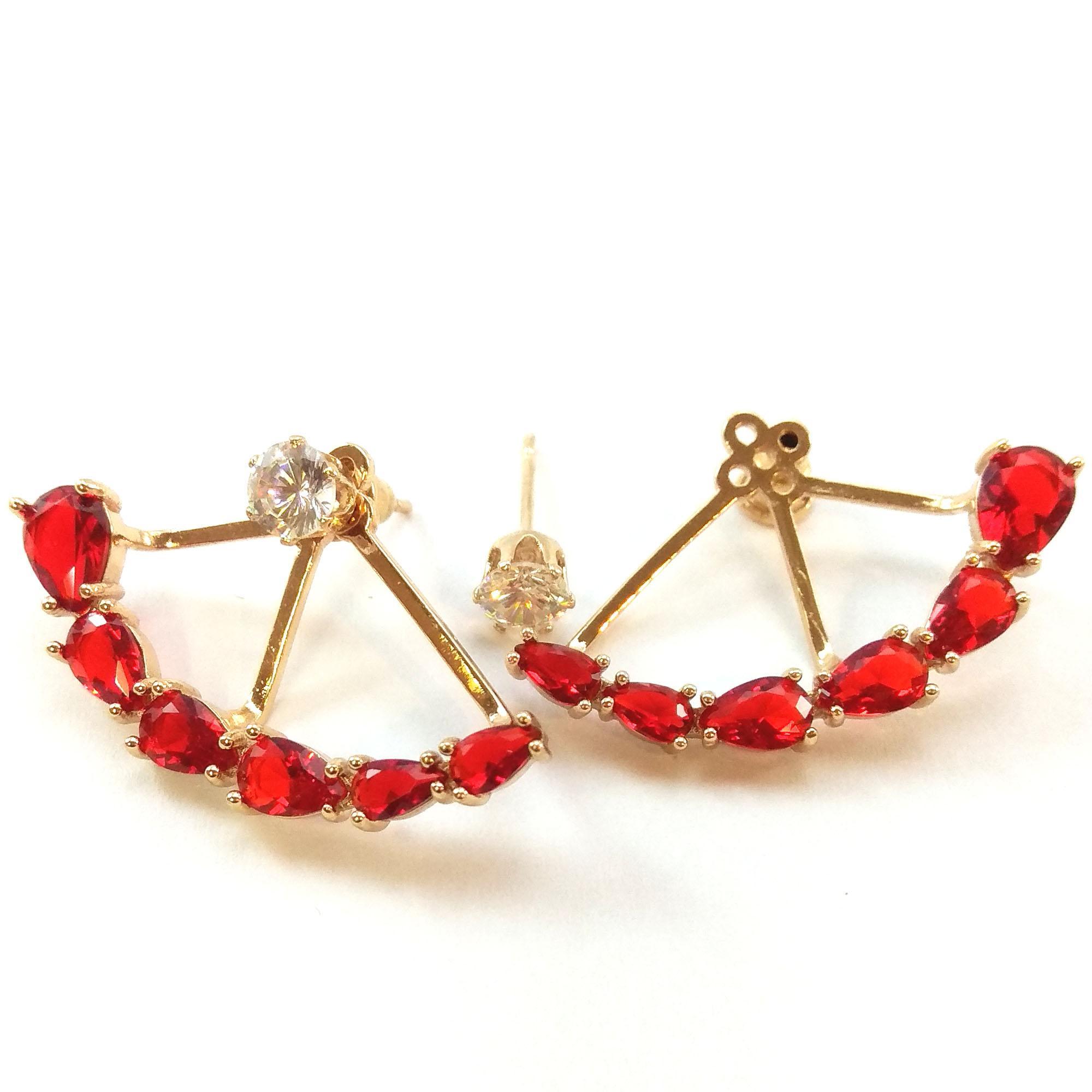 Red Stoned Korean Styled Double Sided Stud Earrings For Women