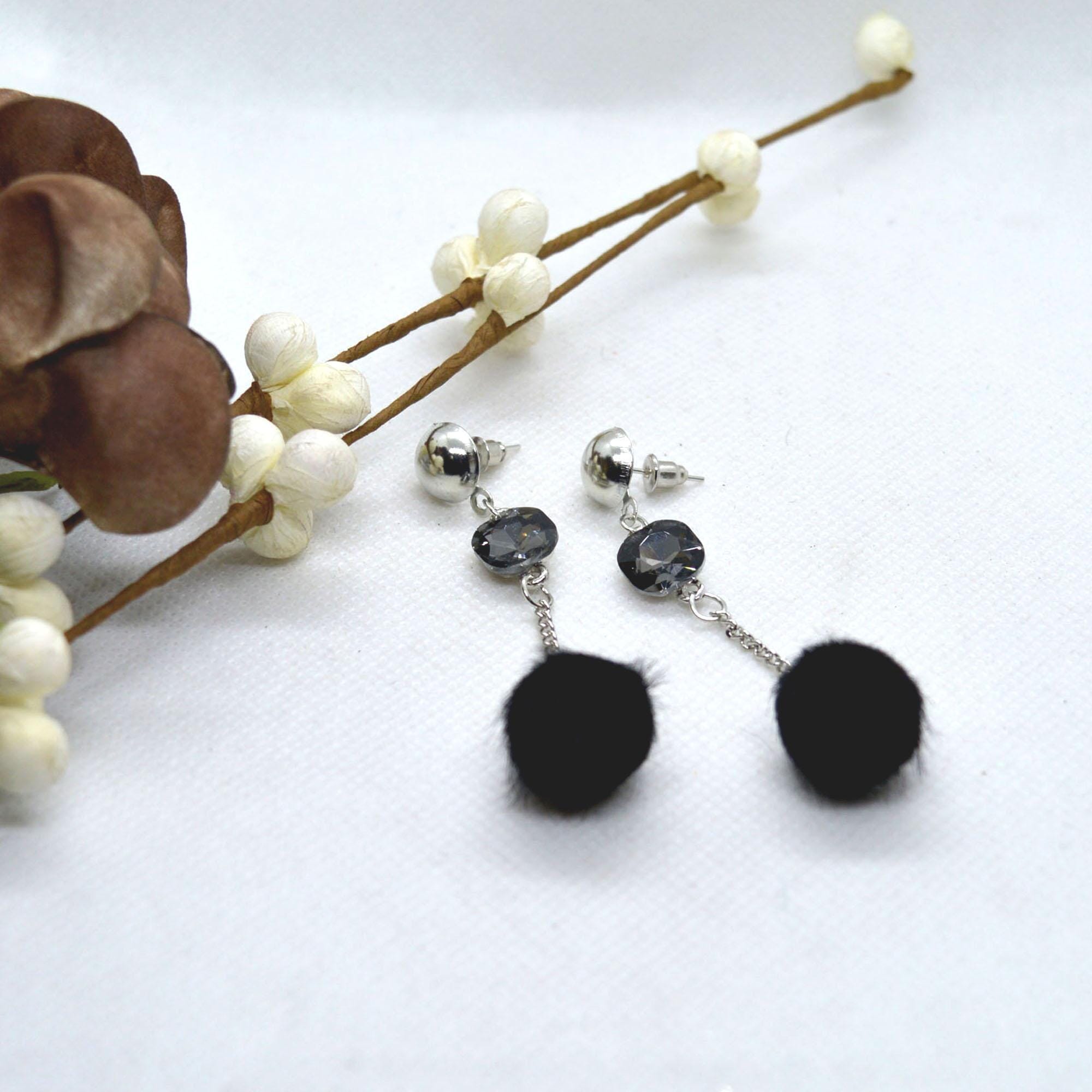 Korean Style Faux Crystal Adorned Chain Pom Drop Earrings For Women - Image 5