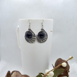Silver/Black Stoned Oval Dot Patterned Earrings For Women