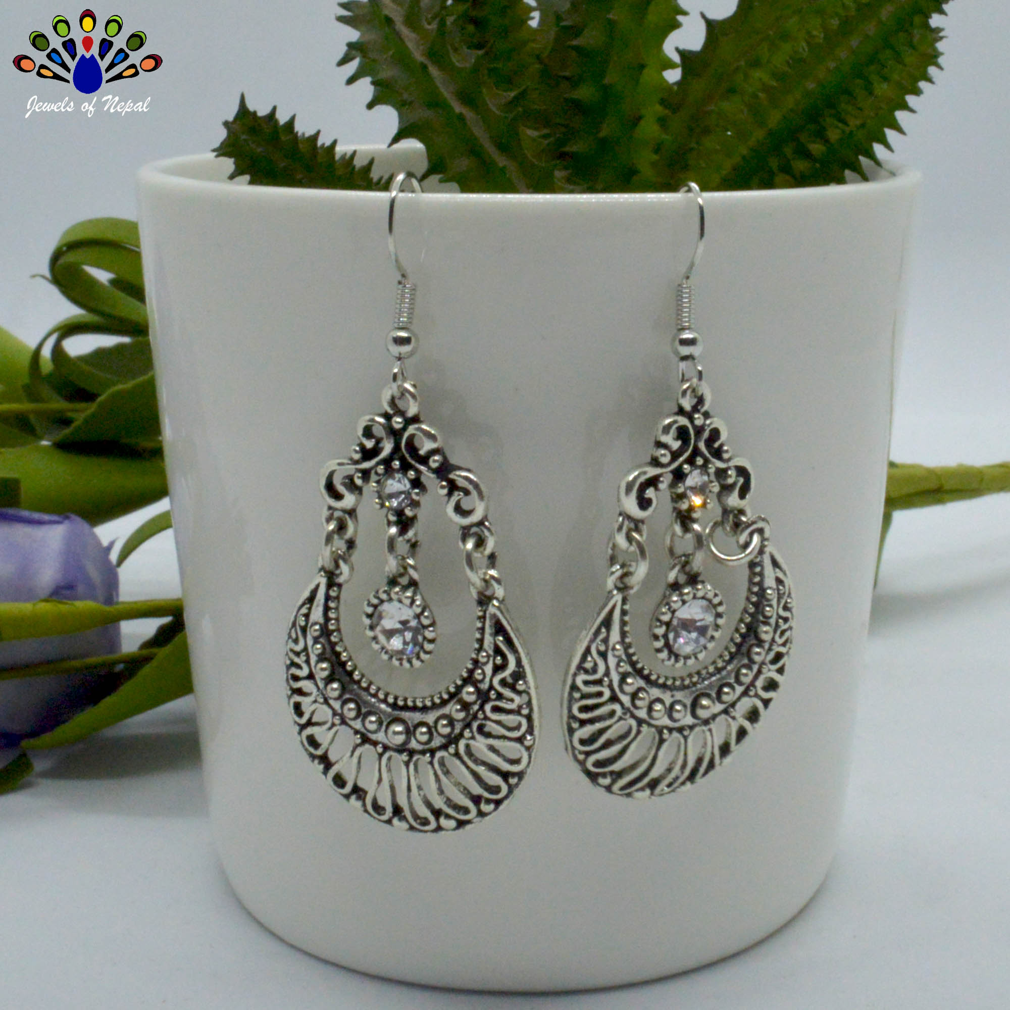 Oxidized Silver Toned Cut Patterned Moon Design Drop Earrings