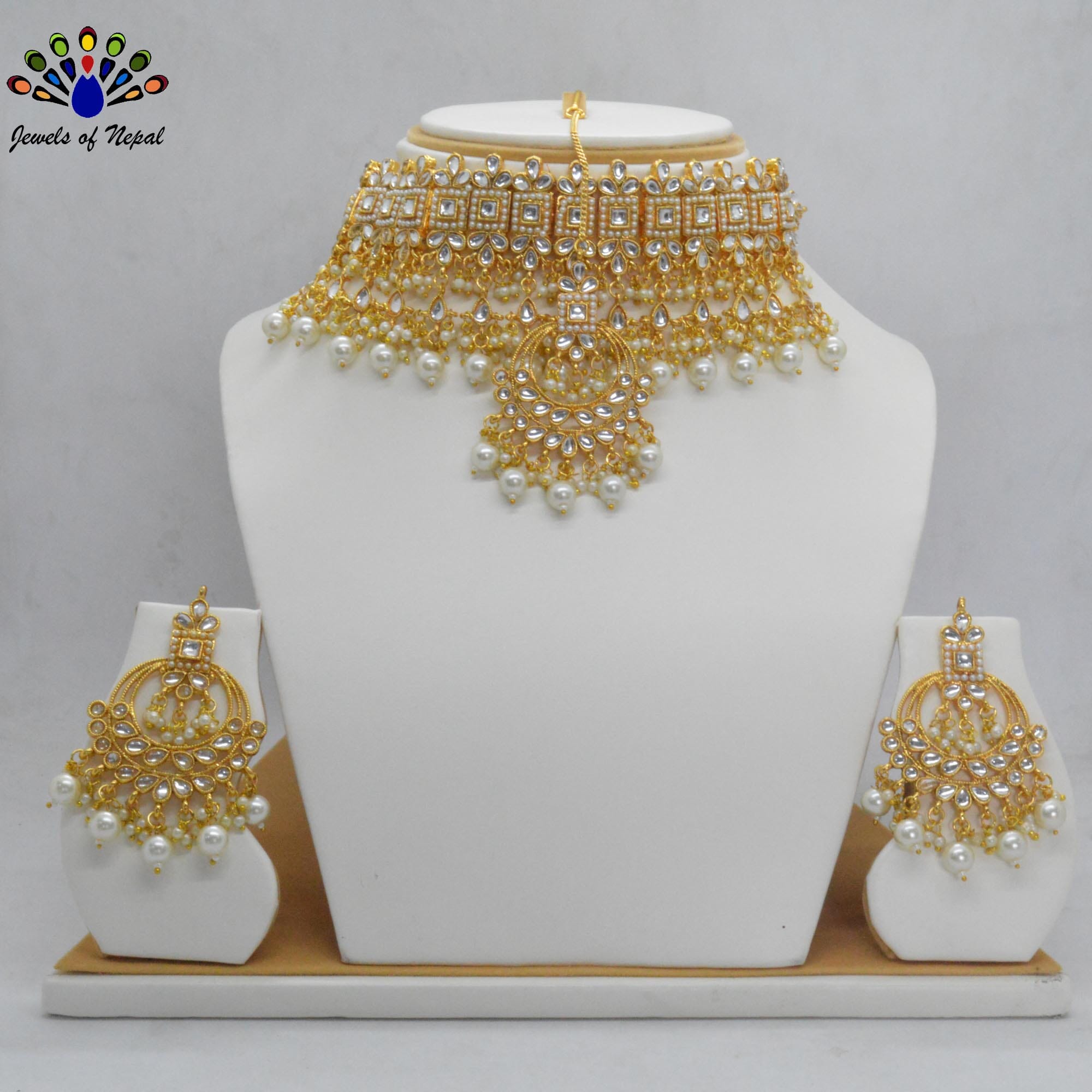 Stones & Beads Studded Choker Necklace, Earrings and Maangtika Set - Image 3