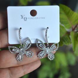 Jewels of Nepal Stones Studded S925 C-Hoop Butterfly Dangling Earrings For Women
