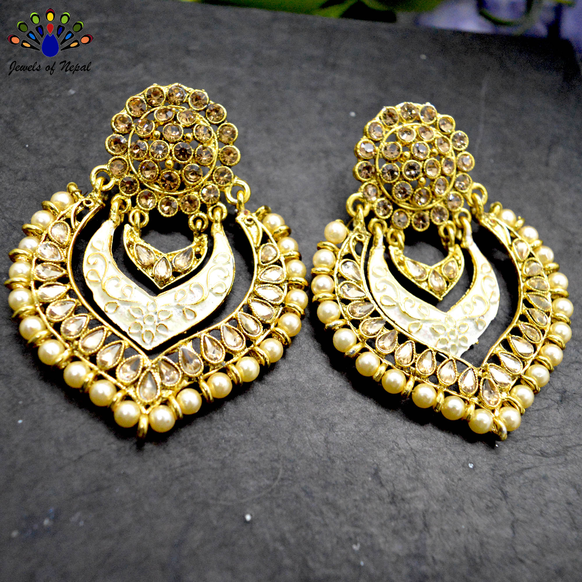 Golden/White Faux Moti Beaded Chandbali Earrings For Women - Image 2