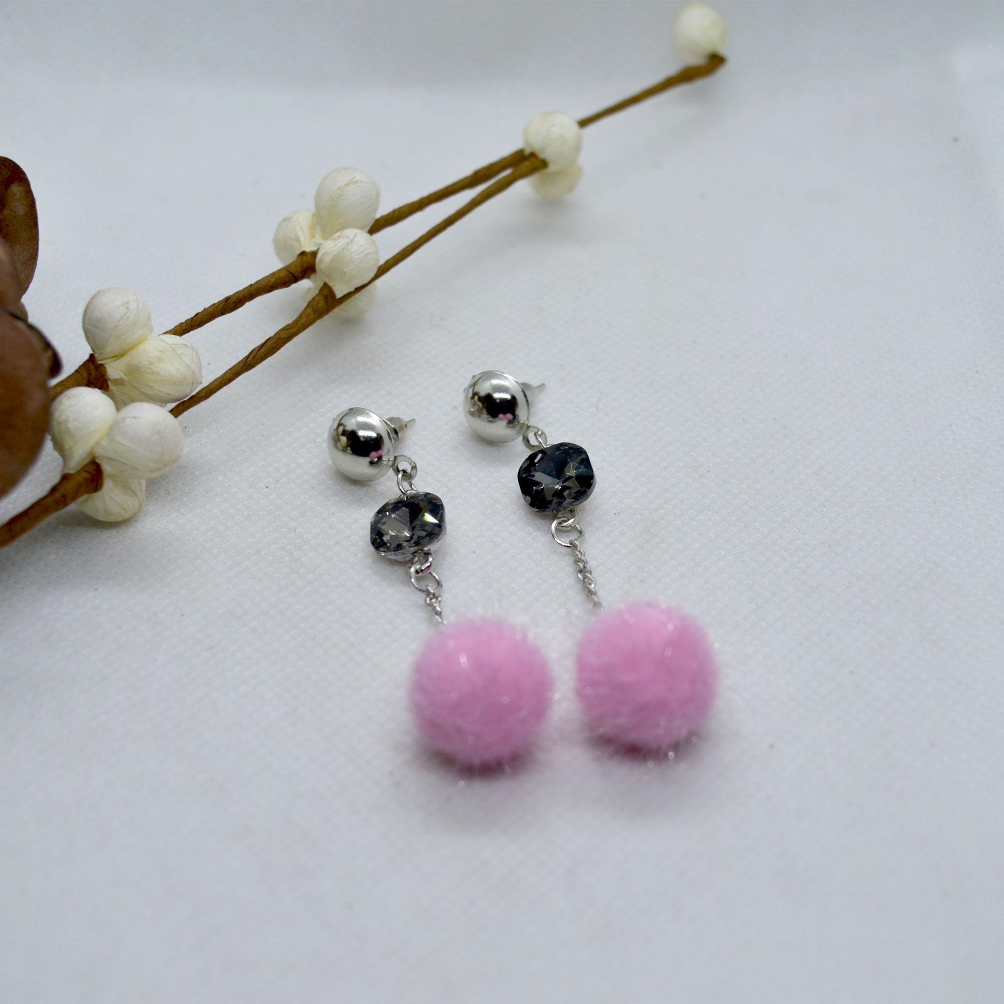 Korean Style Faux Crystal Adorned Chain Pom Drop Earrings For Women - Image 8