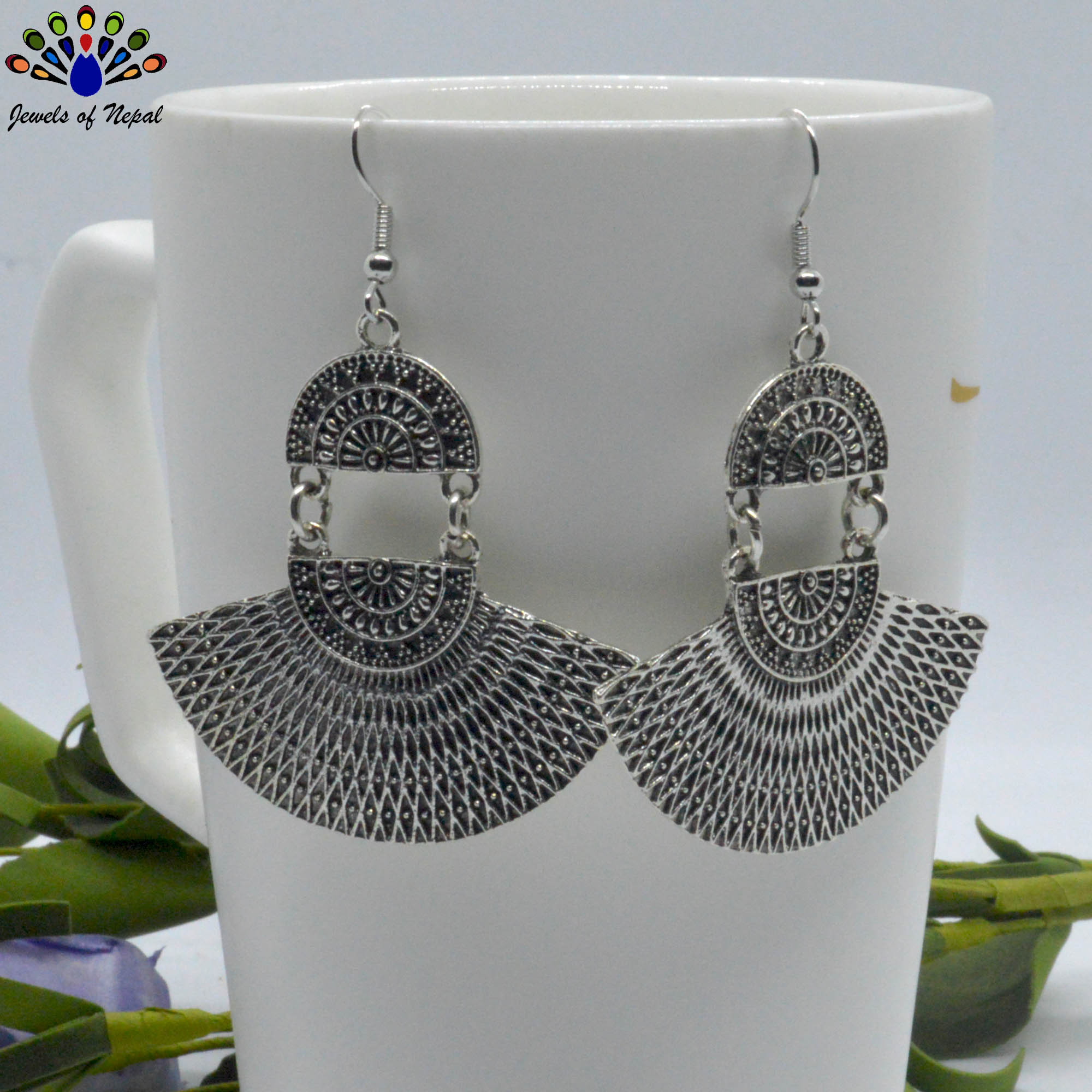 Oxidized Silver/Golden Toned Tribal Patterned Fan Design Drop Earrings- Jewels of Nepal - Image 3