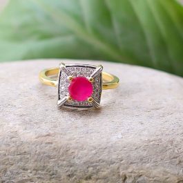 Gold Toned Pink Faux Ruby A.D. (American Diamond) Stone Embellished Ring For Women