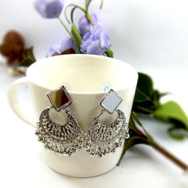 Silver Toned Chandbali Designed Mirror Embellished Earrings For Women