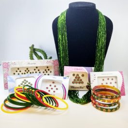 Pack Of Chunky Potey Mala, Stone Studded And Plain Glass Bangles Set With Free Tika (5 Packets)
