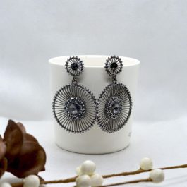 Black Round Rhinestones Studded Wheel Designed Dangling Earrings For Women