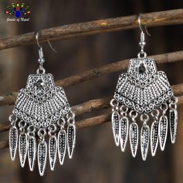 Silver Toned Tribal Designed Dangling Earrings - Jewels of Nepal