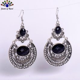 Golden/Silver Tribal Patterned Stone Studded Drop Earrings For Women