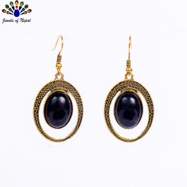 Silver/Black Stone Studded Oval Dot Textured Drop Earrings For Women