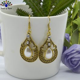 Gold Toned Faux Moti Adorned Drop Earrings