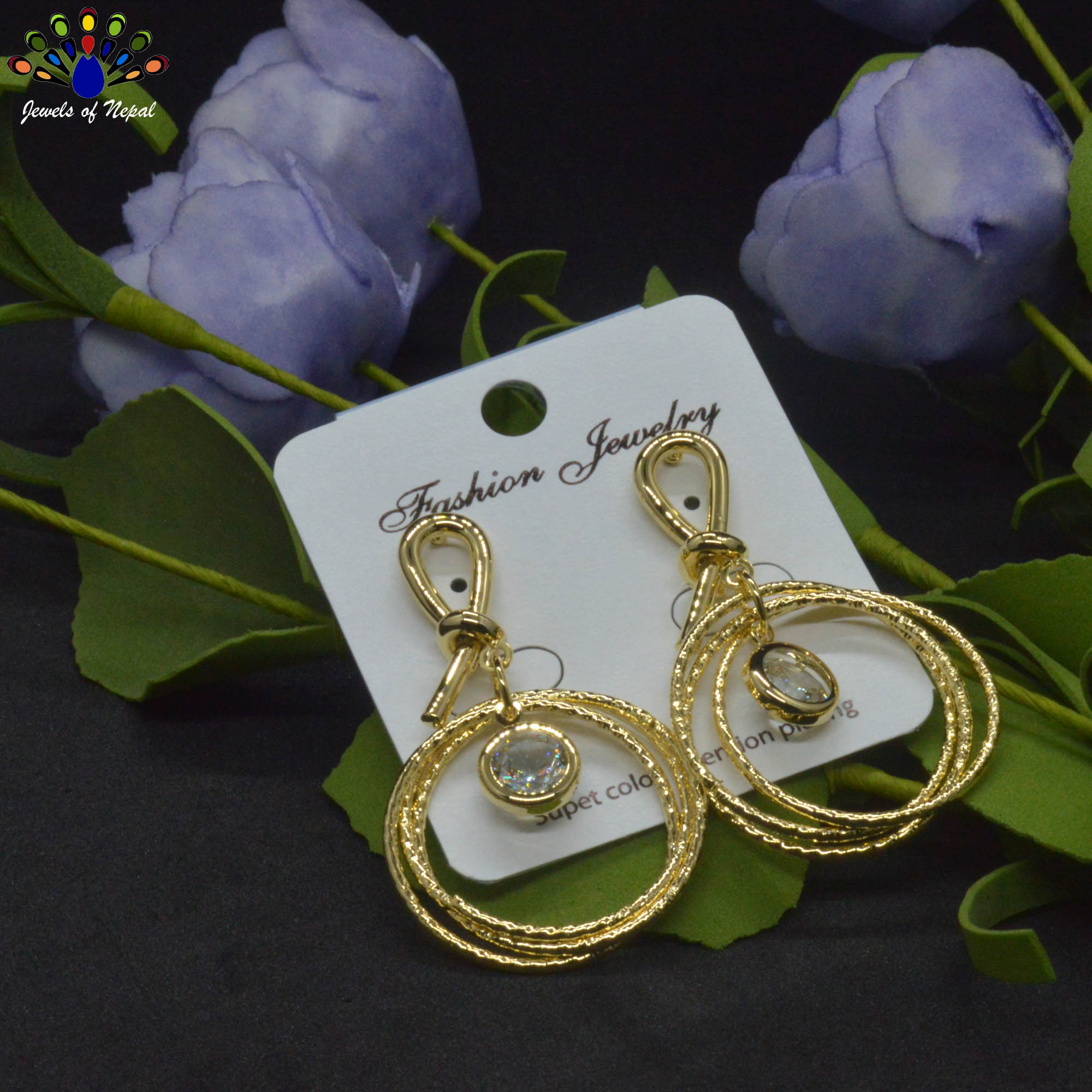 Gold Toned Stone Drop Circular Earrings - Image 3