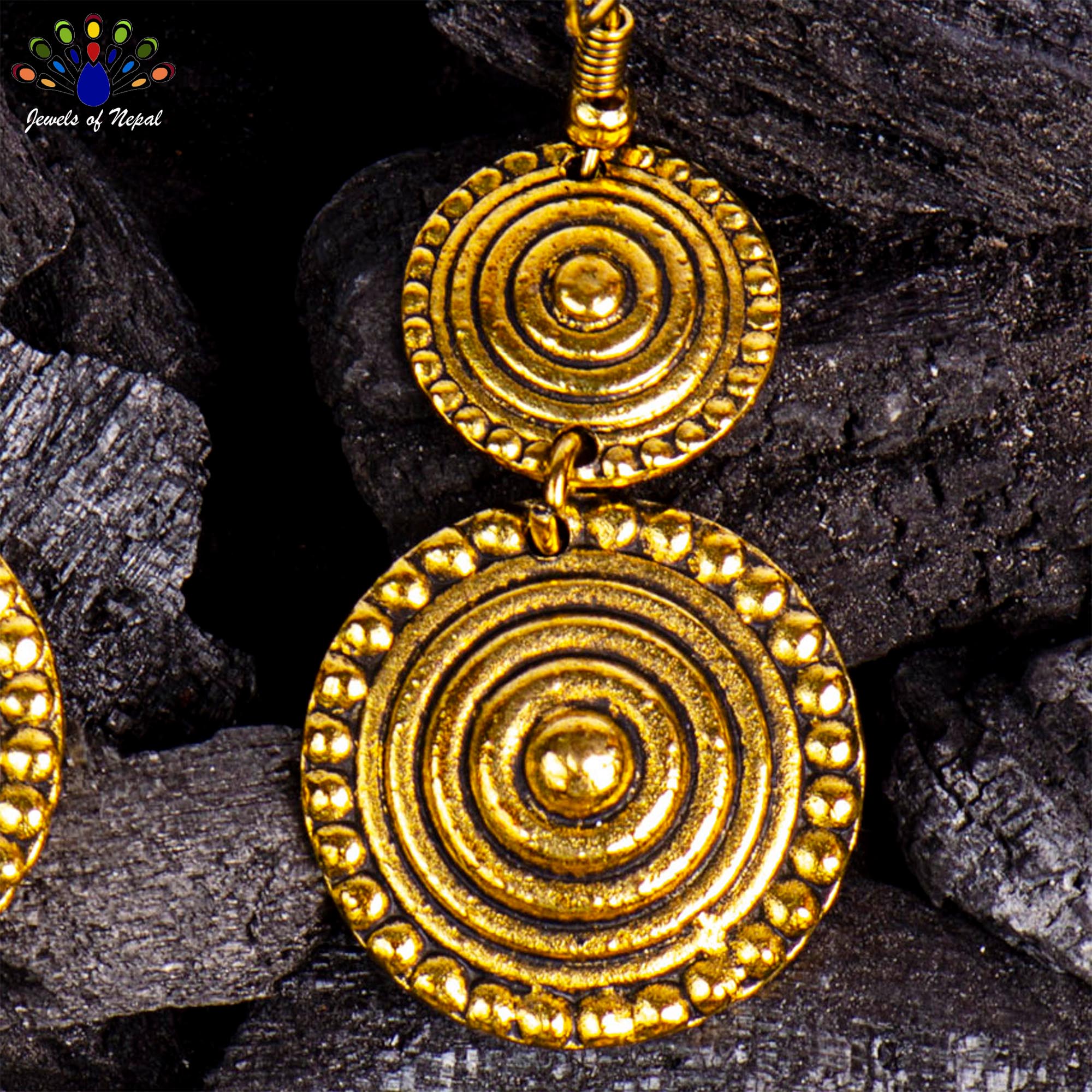 Golden Double Circular Round Patterned Earrings For Women- Jewels Of Nepal - Image 2