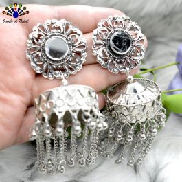 Silver Mirror Flower Top Faux Moti Chandelier Pinjada Earrings by Jewels of Nepal