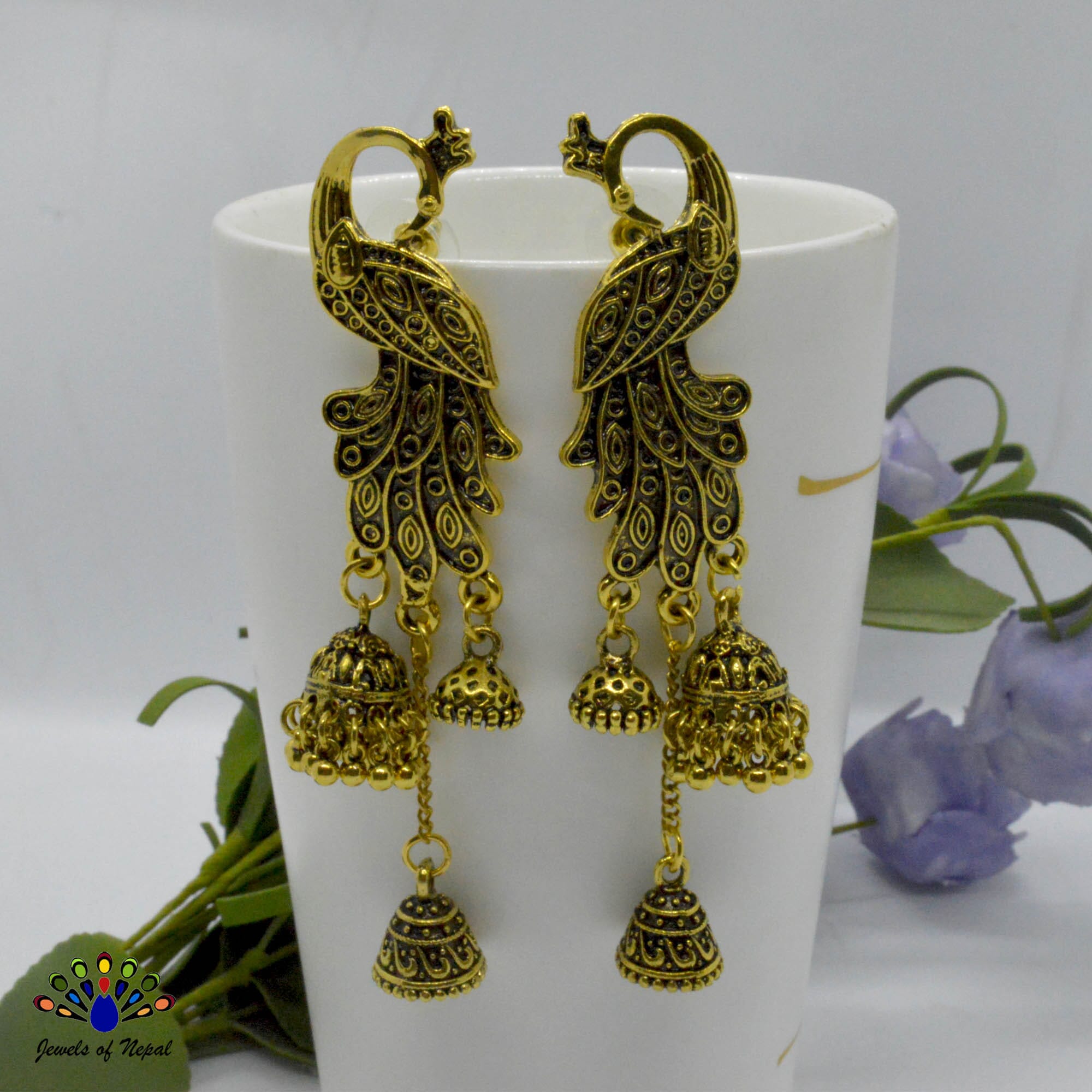 Golden/Silver Peacock Designed Pinjada Drop Earrings For Women